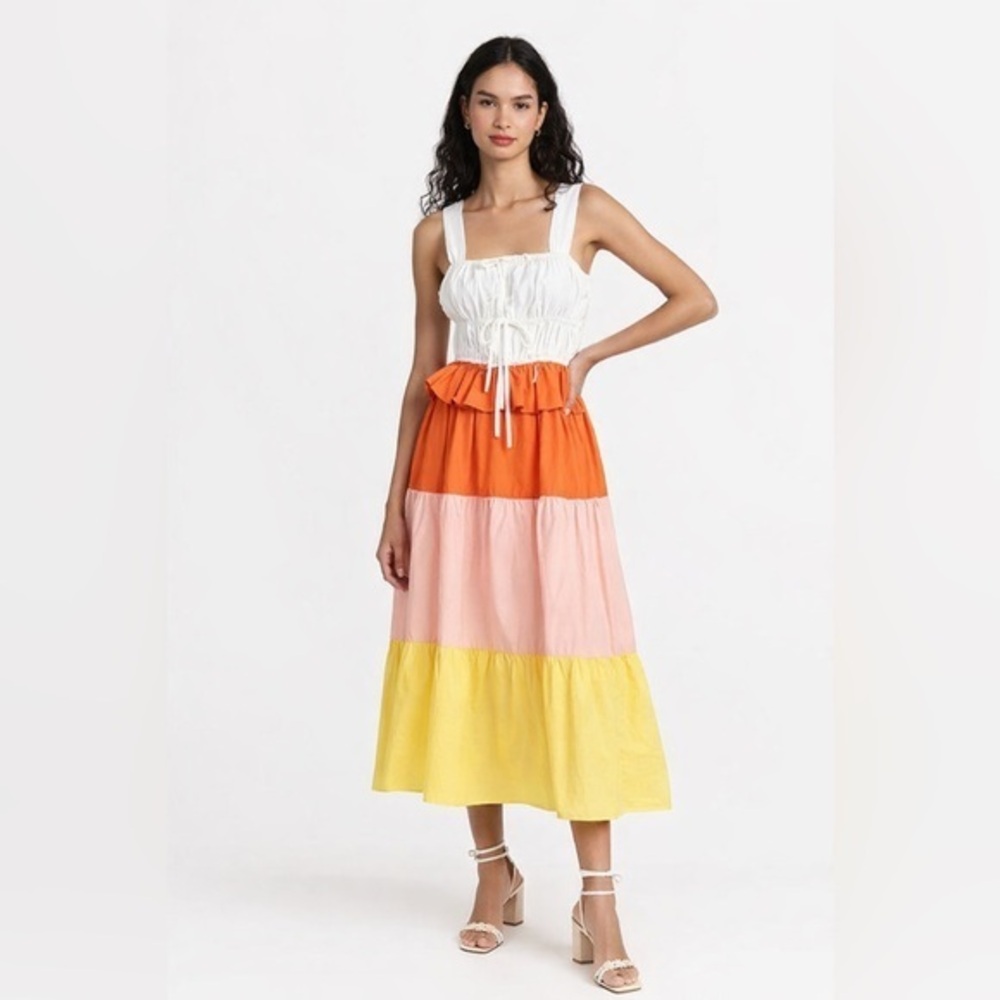 English Factory Anthropologie Rainbow Colorblock Smocked Milkmaid Maxi Dress S